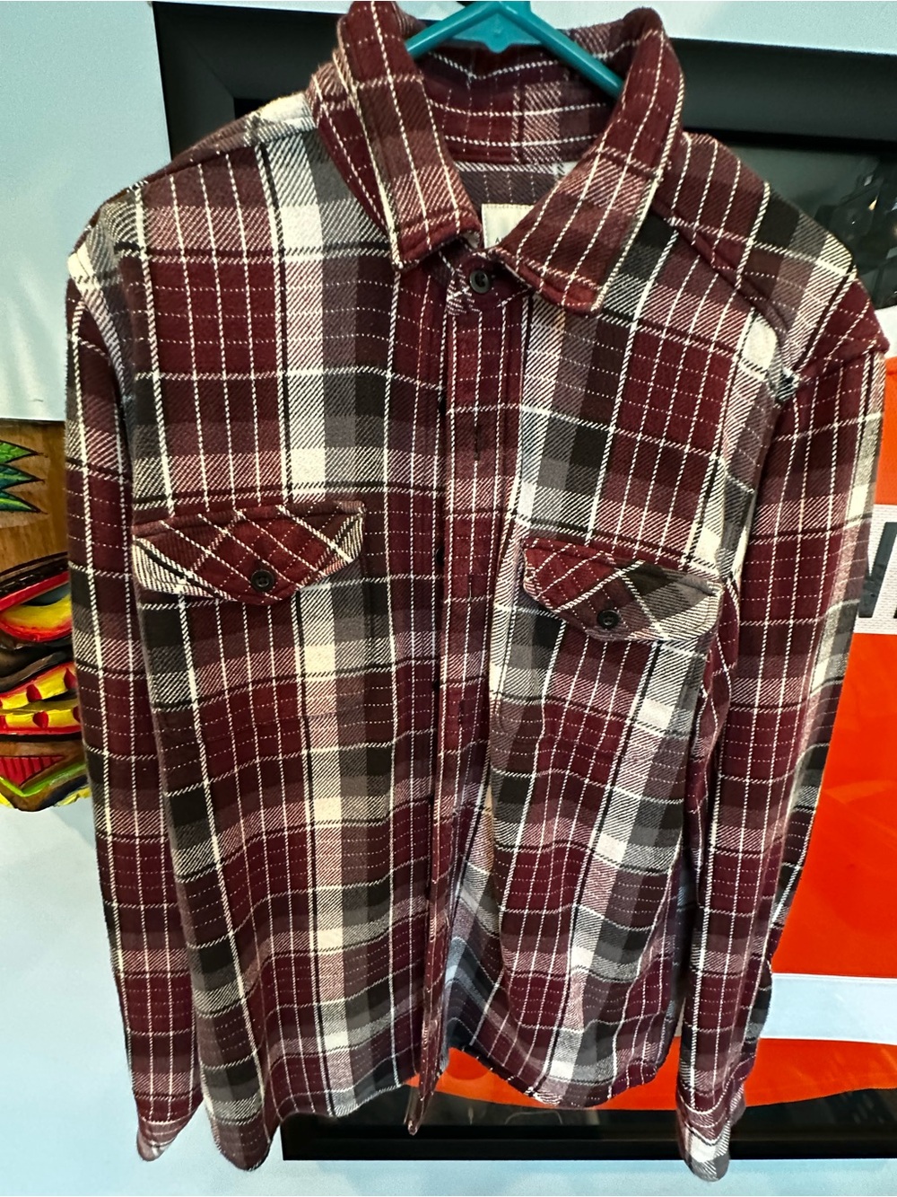 American Eagle Outfitters Maroon and White Plaid Button-Down Shirt